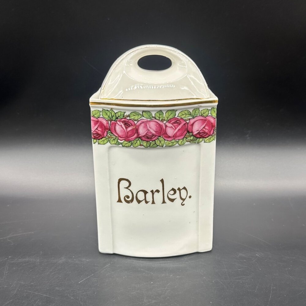 Antique German Barley Canister Pink Roses Floral Kitchen Storage Pink Flowers